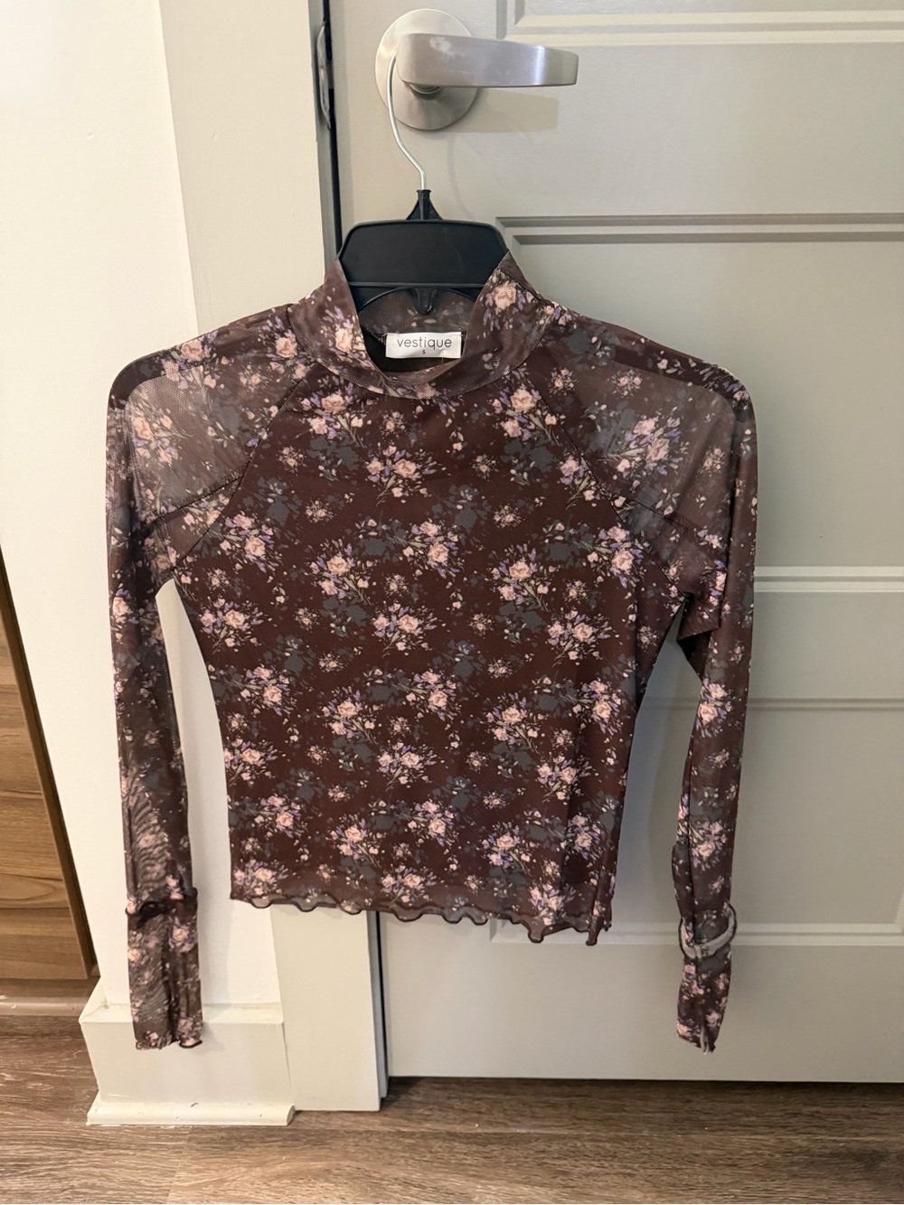 vestique Plum Floral Sheer Mock-Neck Long Sleeve Top